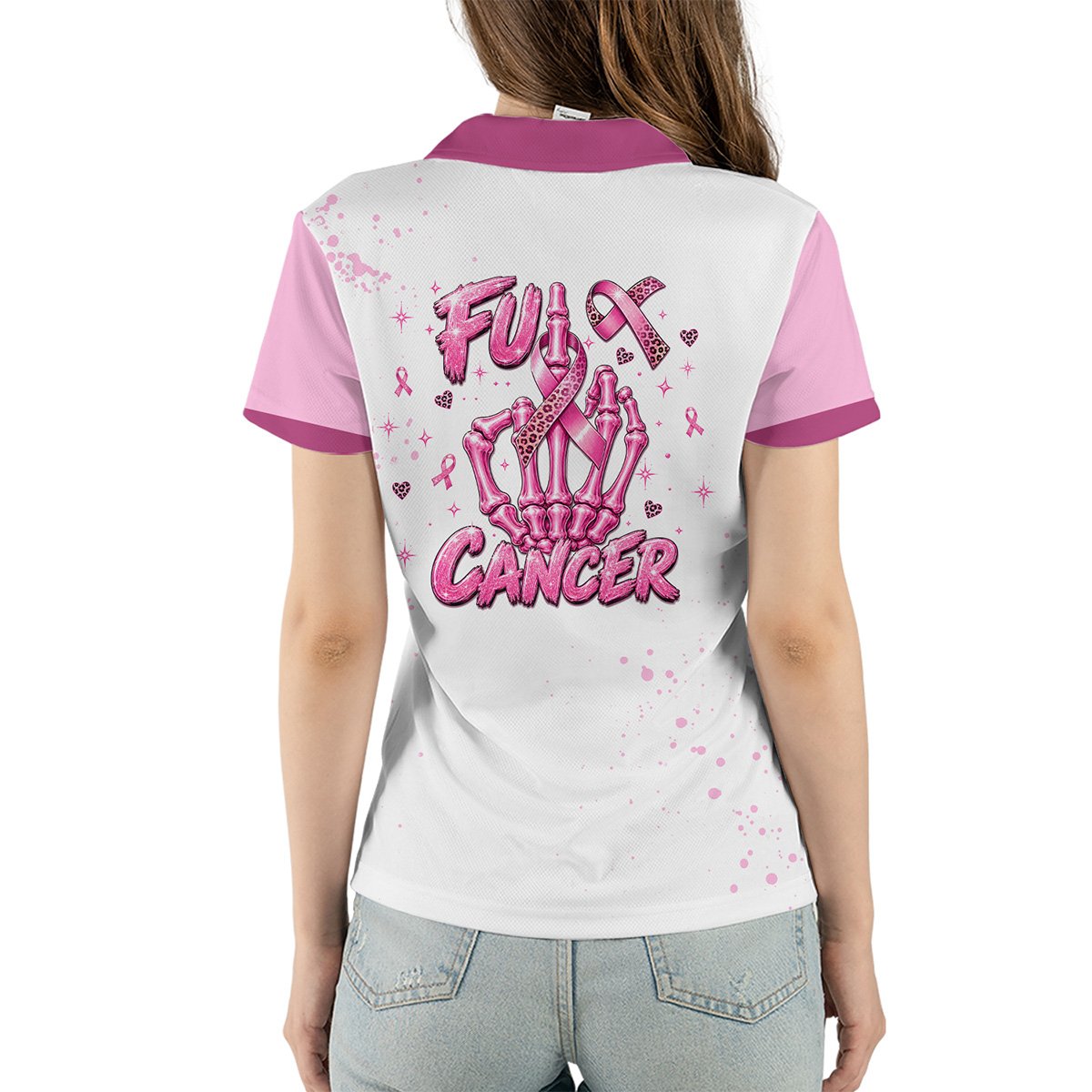 Lifestyle back view of the breast cancer awareness polo shirt displaying the bold graphic