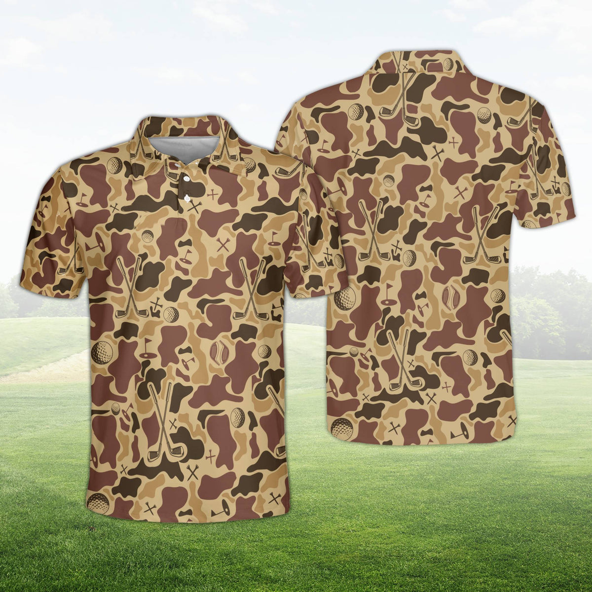 Brown camo polo shirt with subtle golf motifs, front view