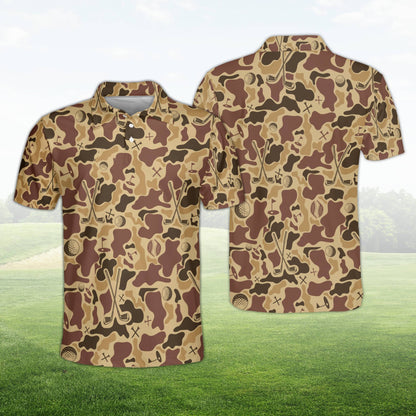Brown camo polo shirt with subtle golf motifs, front view