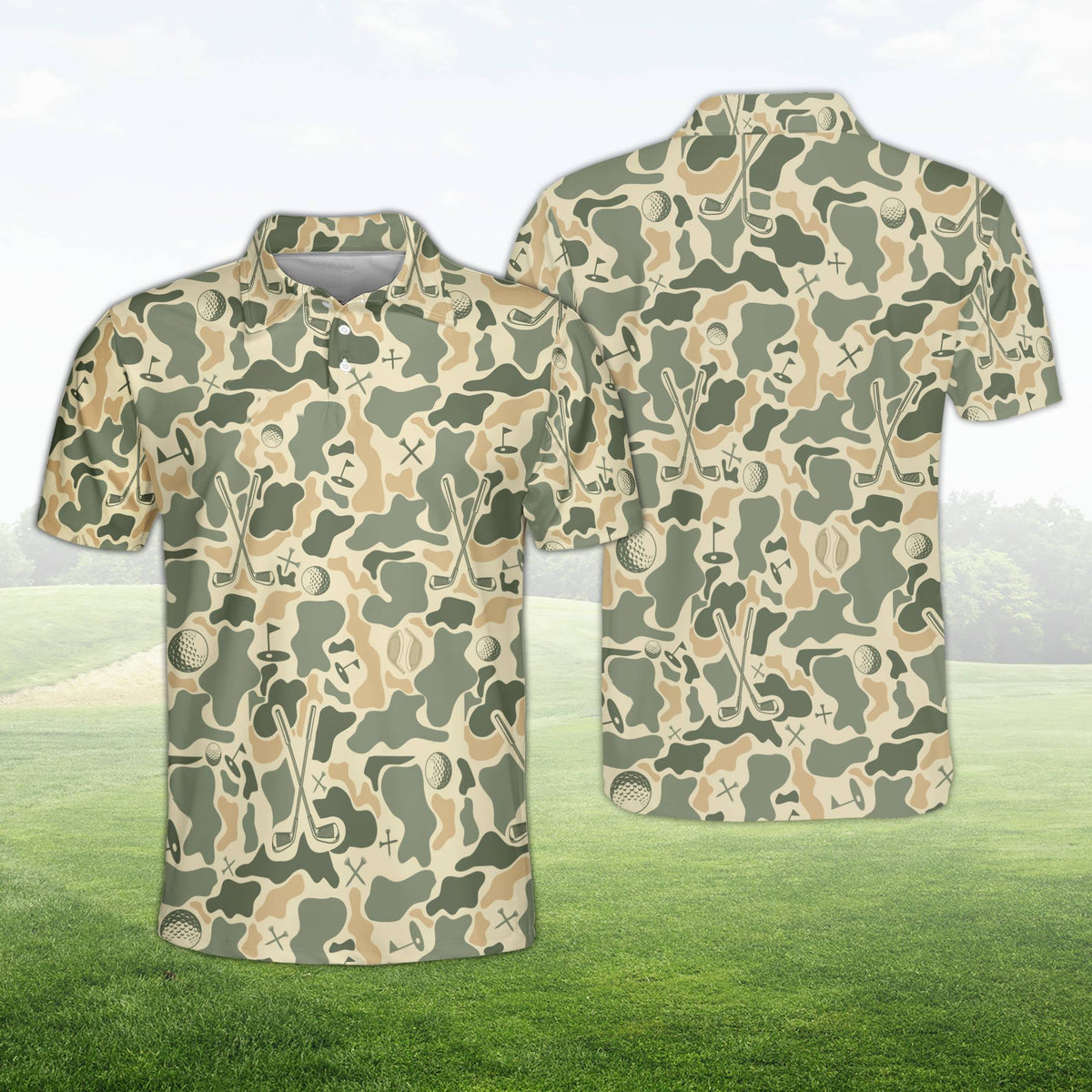 Camo golf polo shirt showing all-over camouflage design, front view
