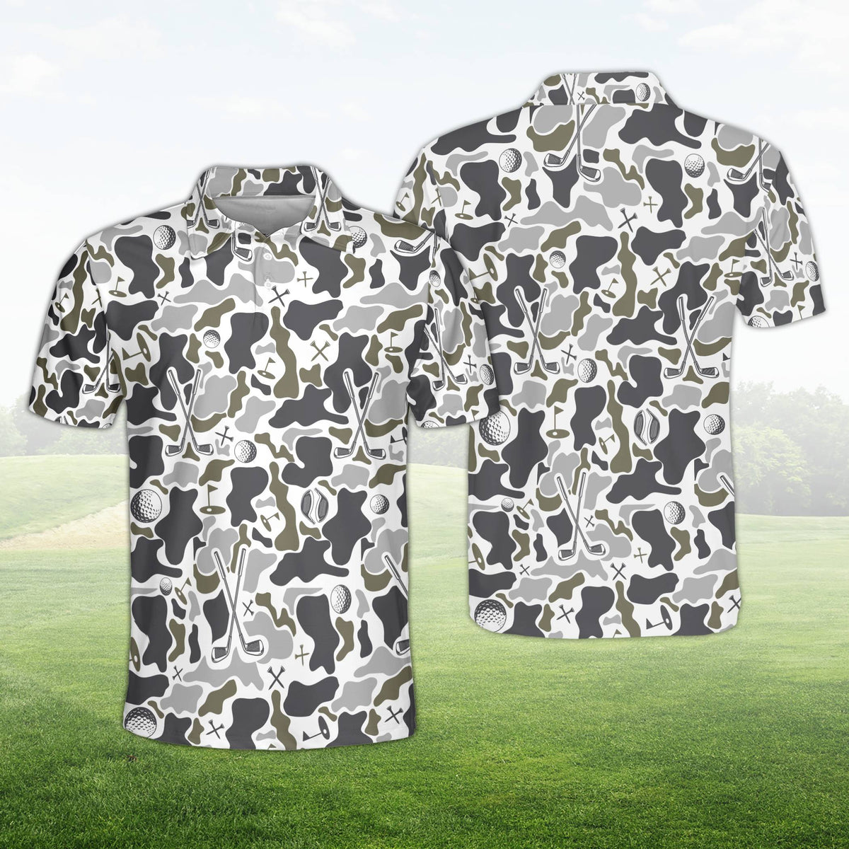 Camo golf polo shirt featuring golf clubs and putting greens, front view