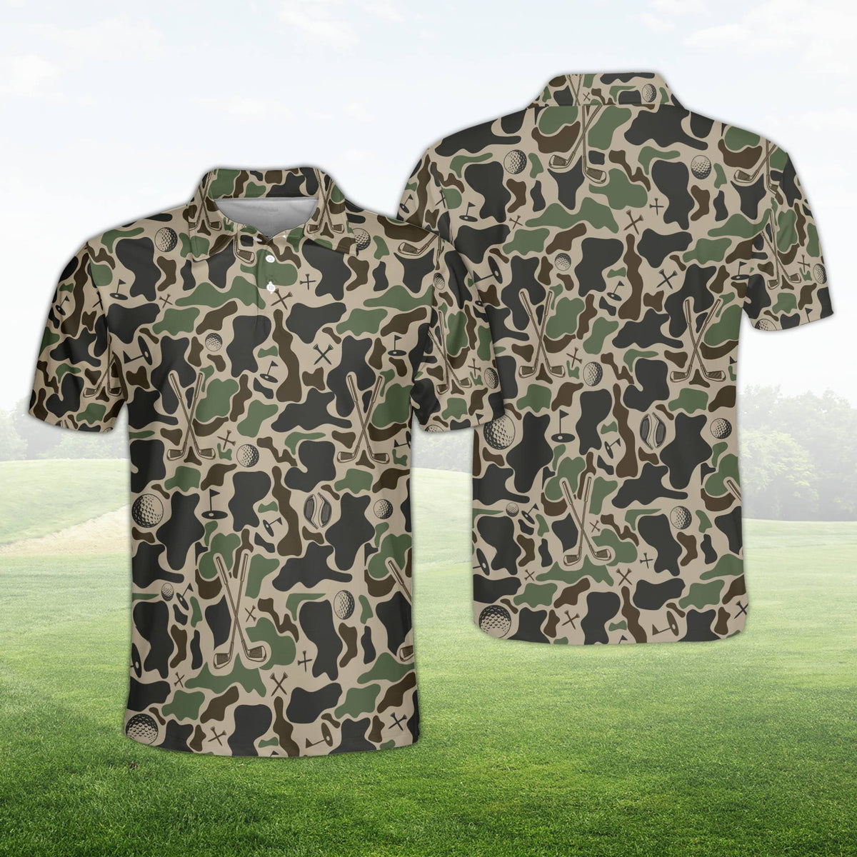 Camo polo shirt in khaki, brown, and olive green, front view
