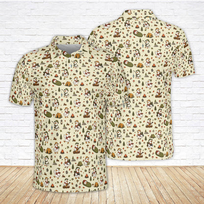 Beige camping polo shirt featuring cartoon goose, front view
