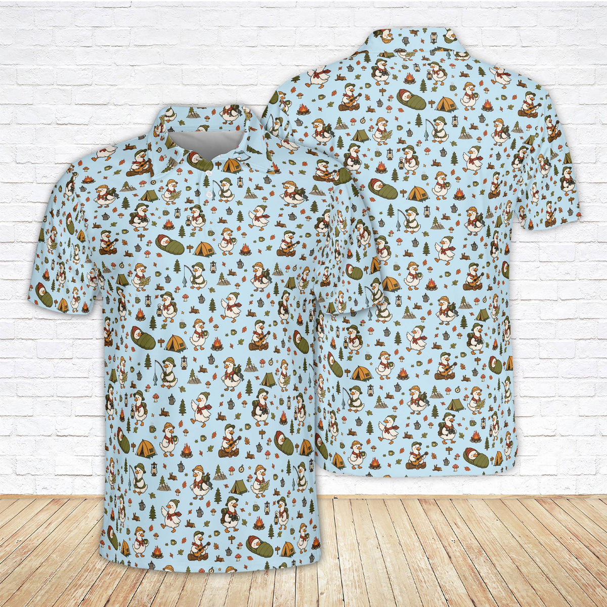 Blue camping polo shirt showing camping goose design, front view