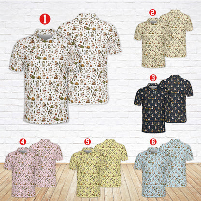 Multicolor view of the cartoon camping goose polo shirt design