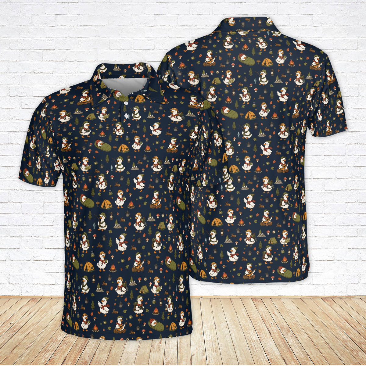 Navy camping polo shirt with goose campfire pattern, front view