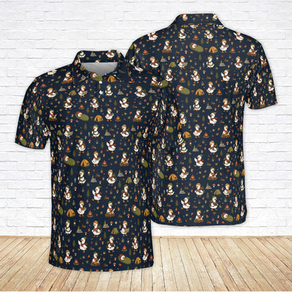 Navy camping polo shirt with goose campfire pattern, front view