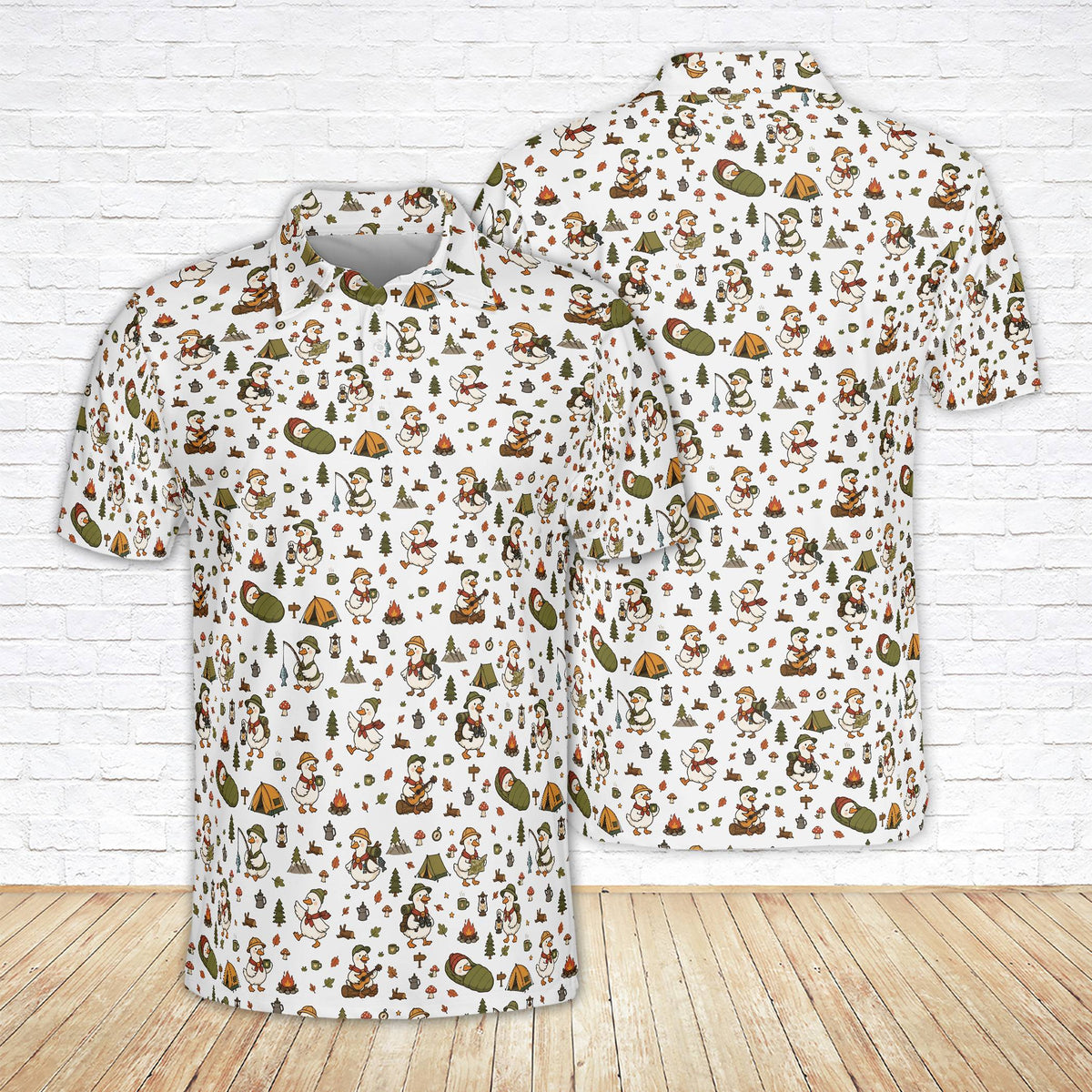 White camping polo shirt with cartoon goose design, front view