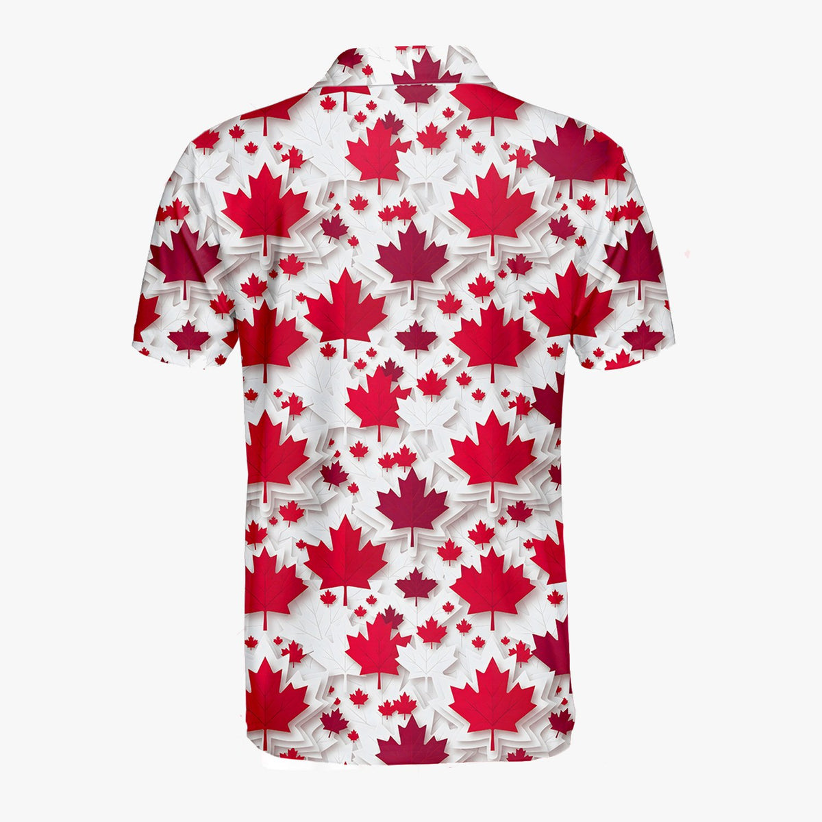 Red maple leaf pattern polo shirt on white background, alternate back view