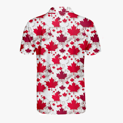 Red maple leaf pattern polo shirt on white background, alternate back view