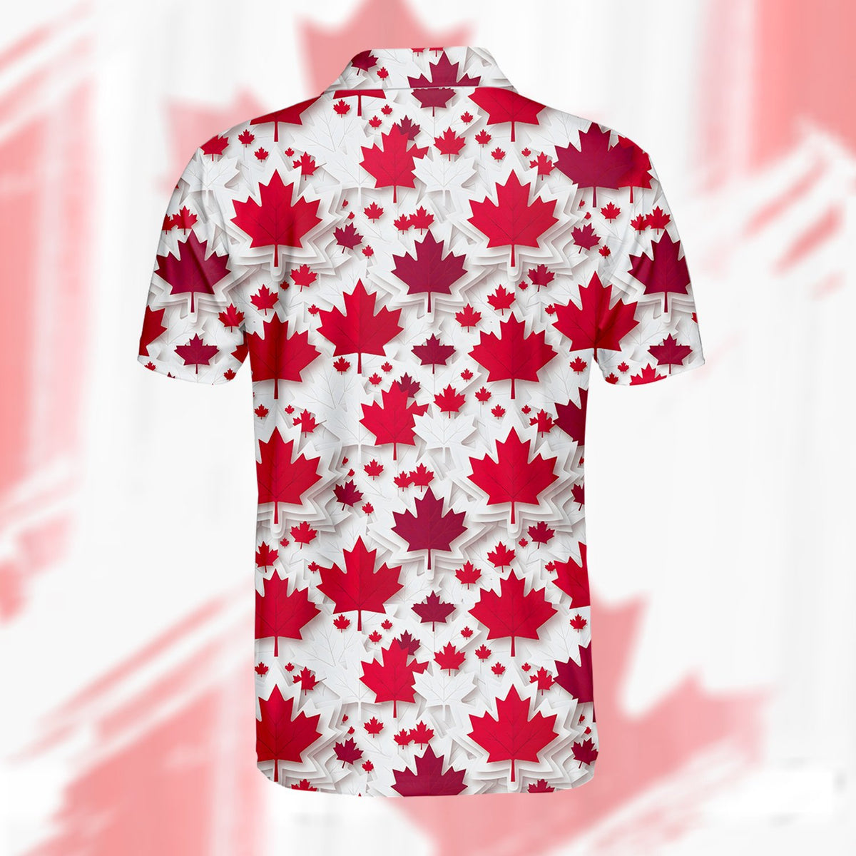 Red maple leaf pattern polo shirt on white background, back view