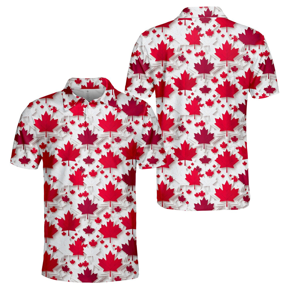 Red maple leaf pattern polo shirt on white background, alternate front view 2