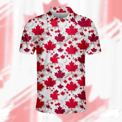 Red maple leaf pattern polo shirt on white background, alternate front view 3