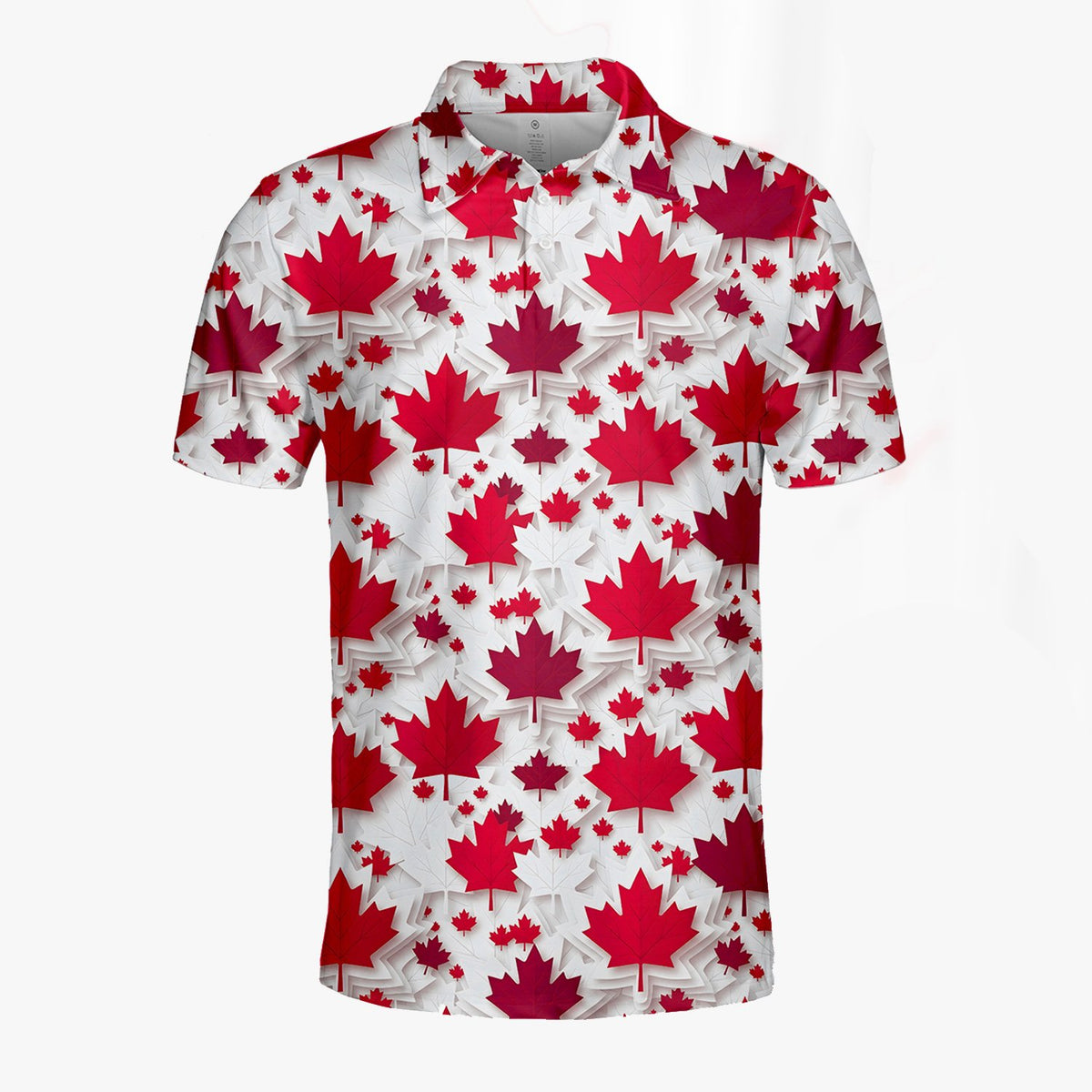 Red maple leaf pattern polo shirt on white background, alternate front view 4