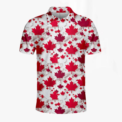 Red maple leaf pattern polo shirt on white background, alternate front view 4