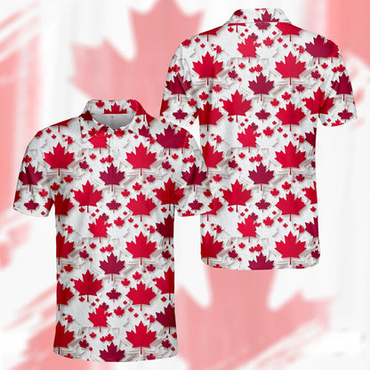 Red maple leaf pattern polo shirt on white background, front view