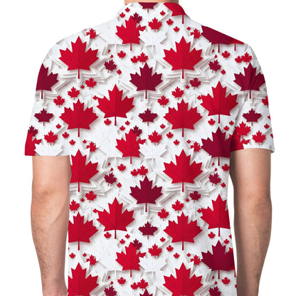 Second lifestyle image of adult wearing the red maple leaf pattern polo shirt
