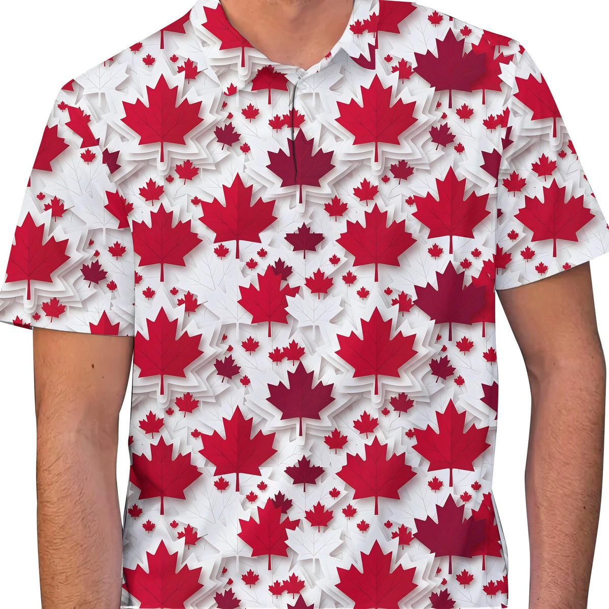 Lifestyle image of adult wearing the red maple leaf pattern polo shirt