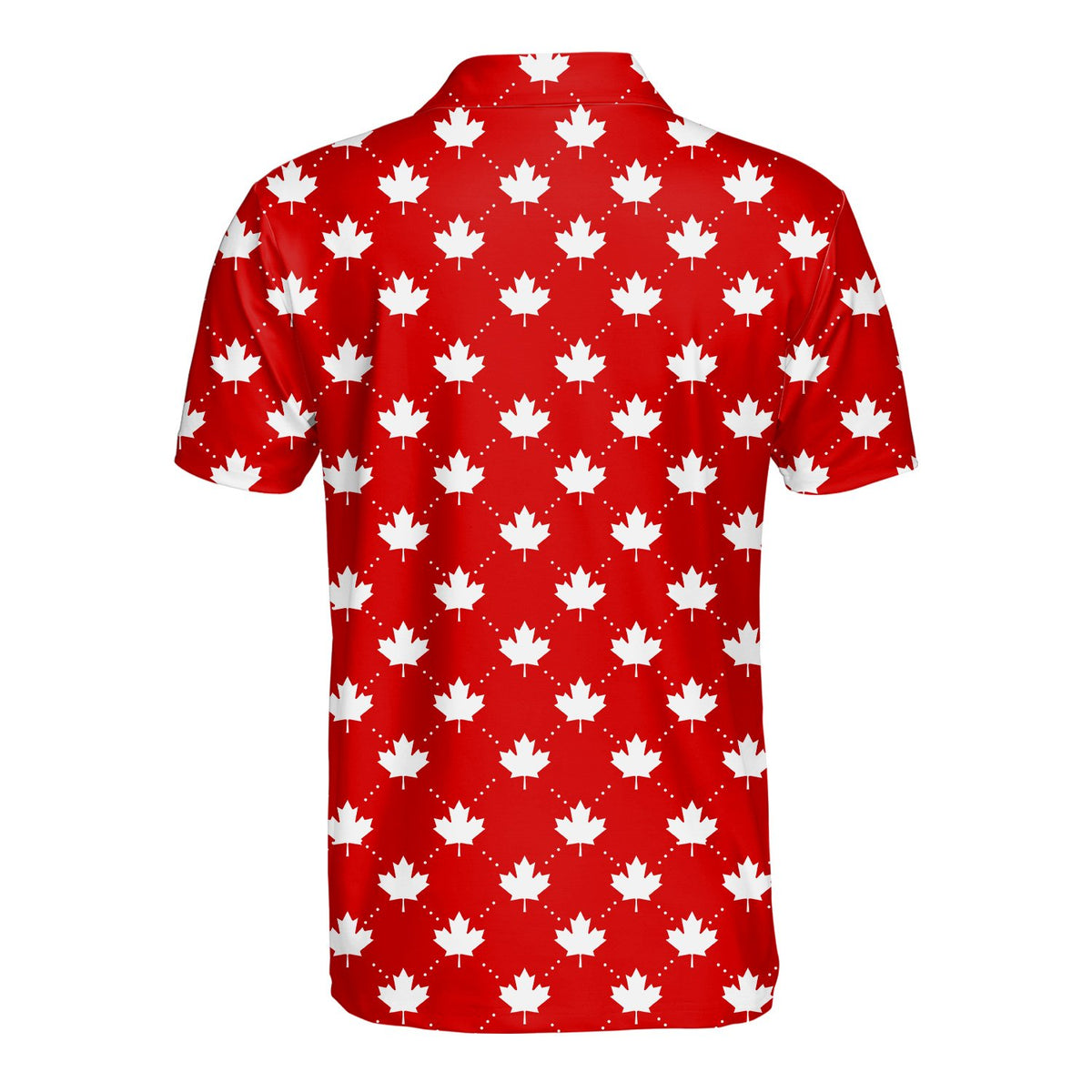 Red geometric maple leaf polo shirt, alternate back view
