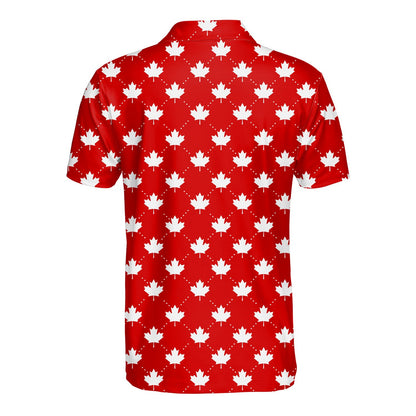 Red geometric maple leaf polo shirt, alternate back view