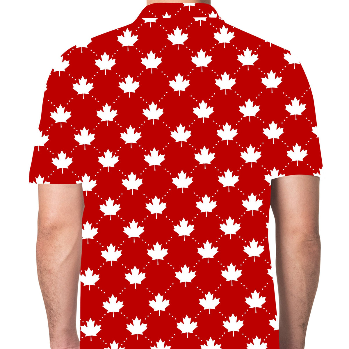Red geometric maple leaf polo shirt, back view