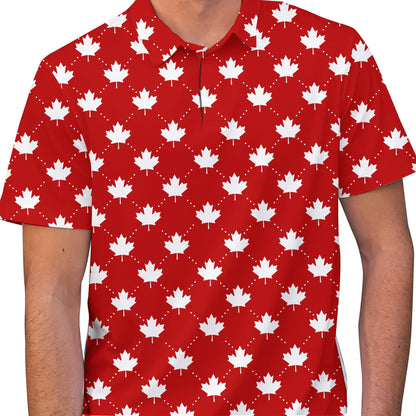 Red geometric maple leaf polo shirt, front view