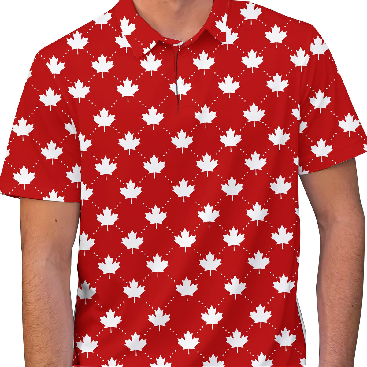 Red geometric maple leaf polo shirt, alternate main view