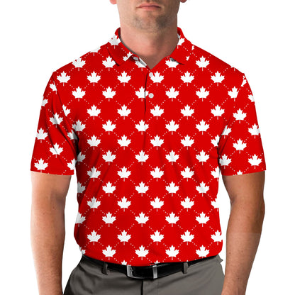 Red geometric maple leaf polo shirt, lifestyle view
