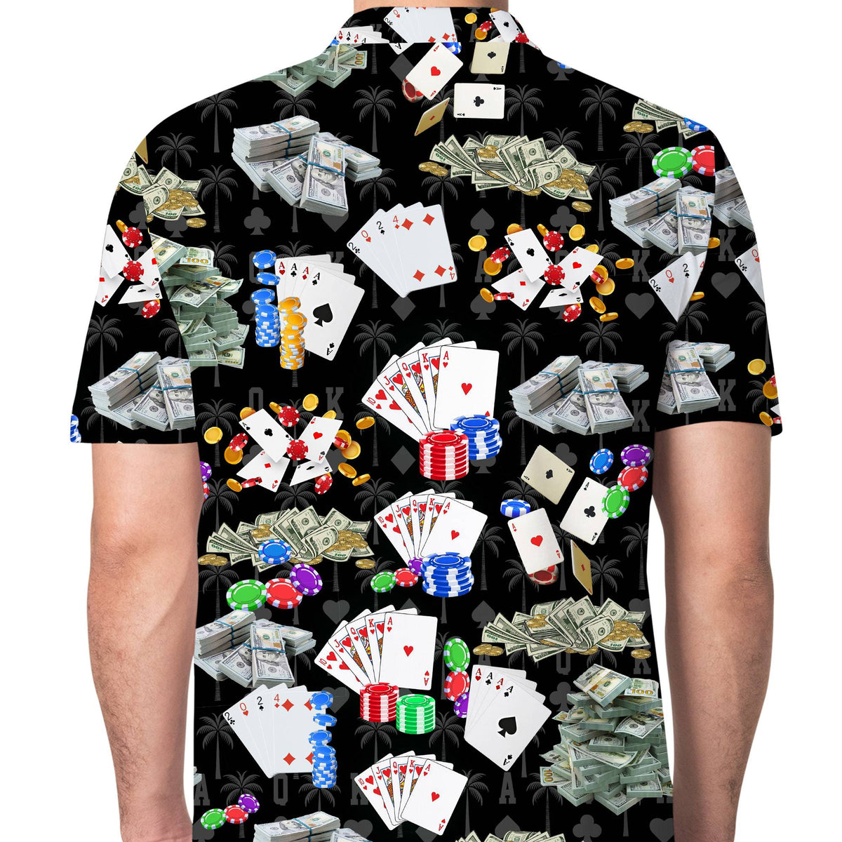 Back view of the black casino polo shirt displaying the continuous gambling print