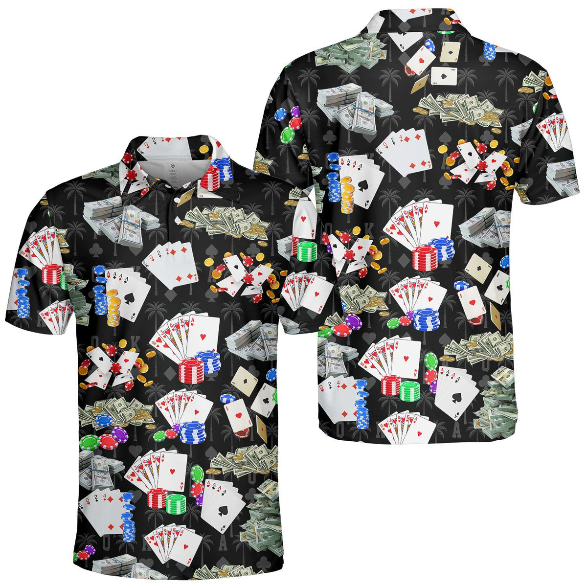 Detailed front view of the black casino polo shirt collar and pattern