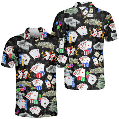 Detailed front view of the black casino polo shirt collar and pattern
