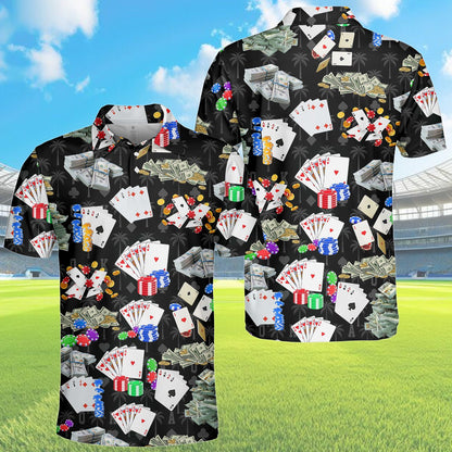 Close-up front view of the playing cards and chips design on the polo shirt