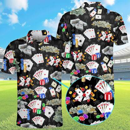 Front angled view of the black casino polo shirt