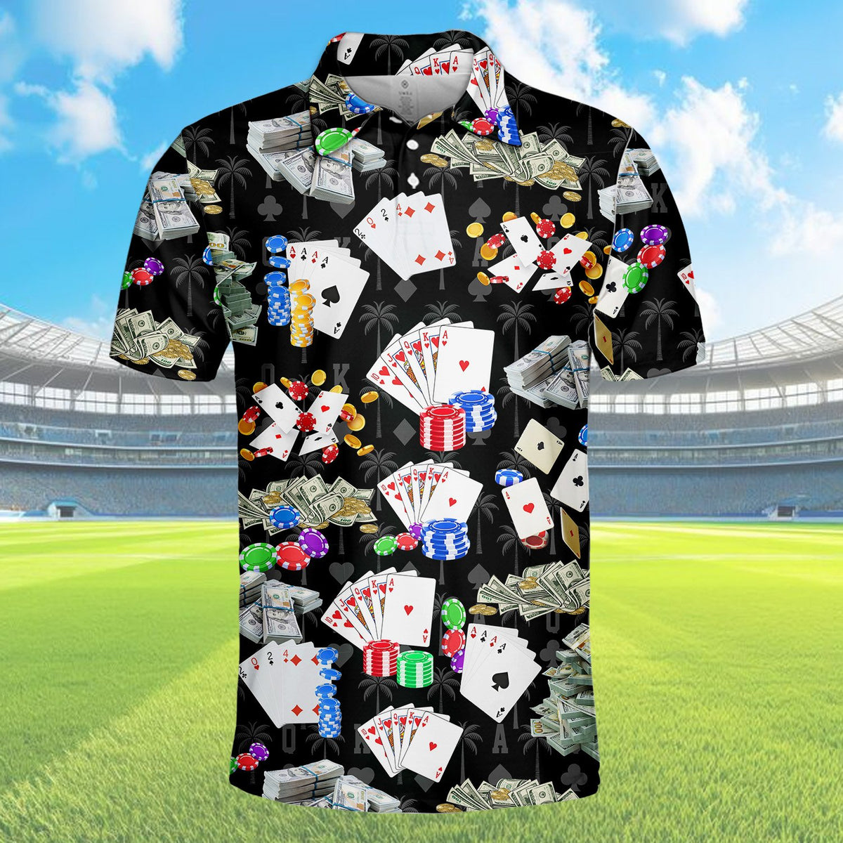 Lower front view of the black casino polo shirt pattern