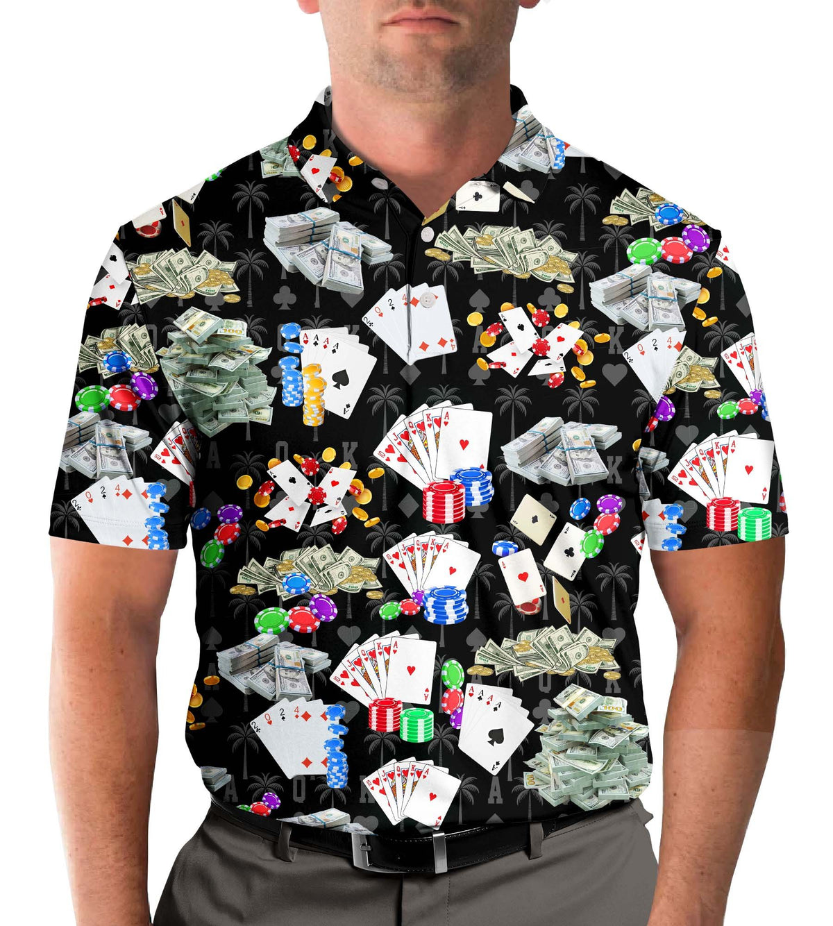 Main view of the black casino polo shirt featuring playing cards and poker chips