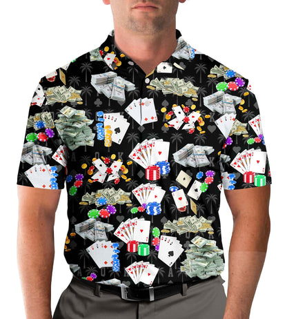 Main view of the black casino polo shirt featuring playing cards and poker chips