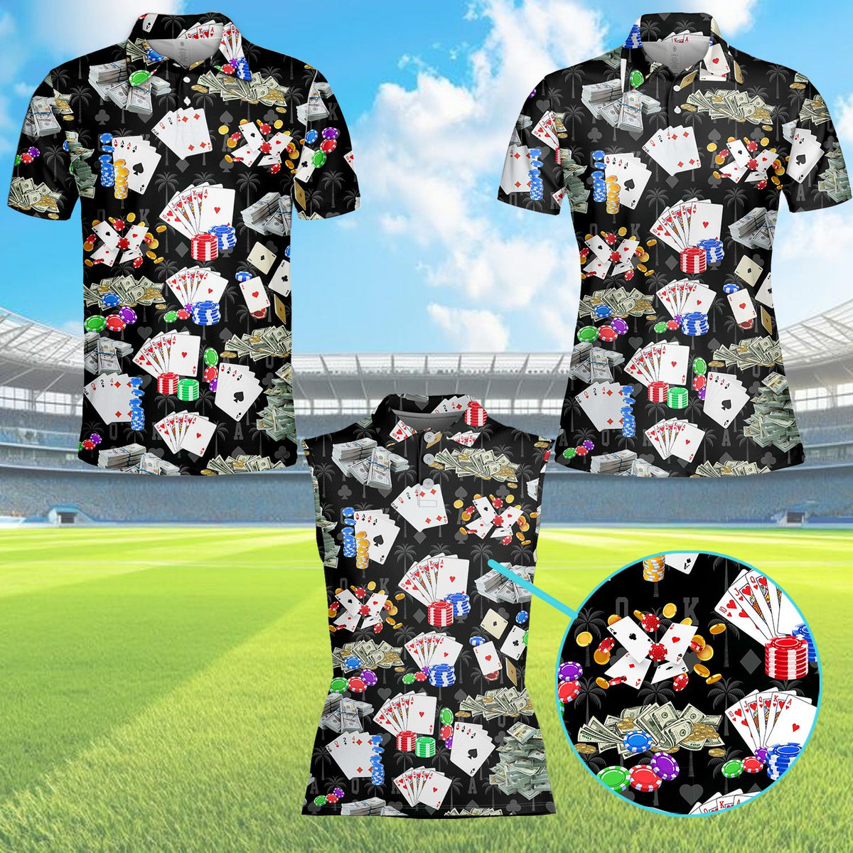 Another front view showcasing the vibrant casino graphics on the black polo shirt