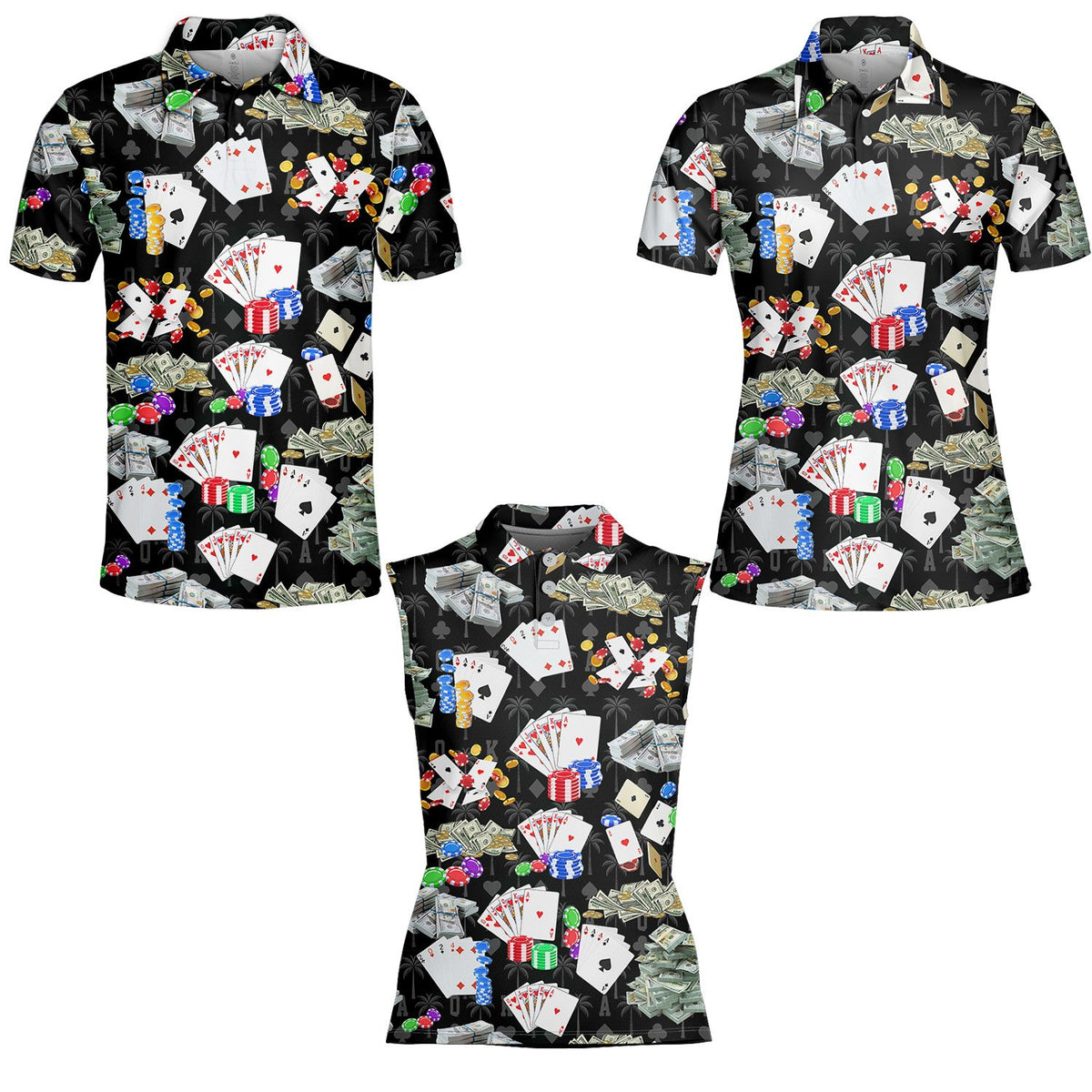 Full front view of the casino themed polo shirt