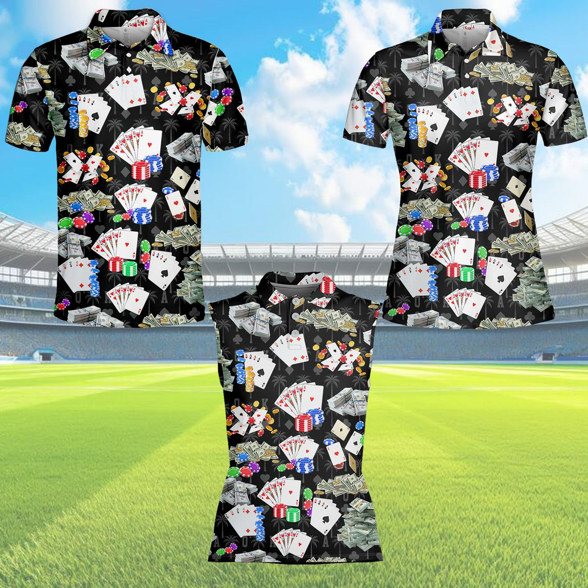 Front view of the black casino polo shirt with dollar bills and palm tree silhouettes