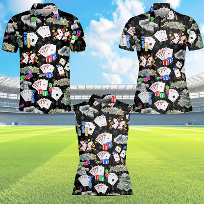 Front view of the black casino polo shirt with dollar bills and palm tree silhouettes