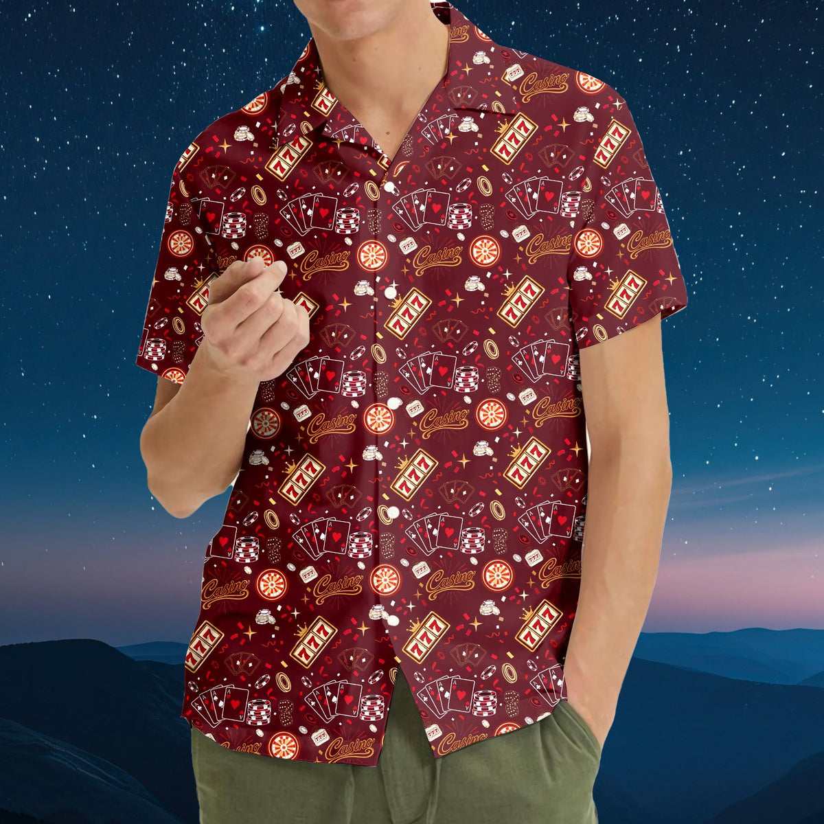 Close-up front view of the maroon casino polo shirt