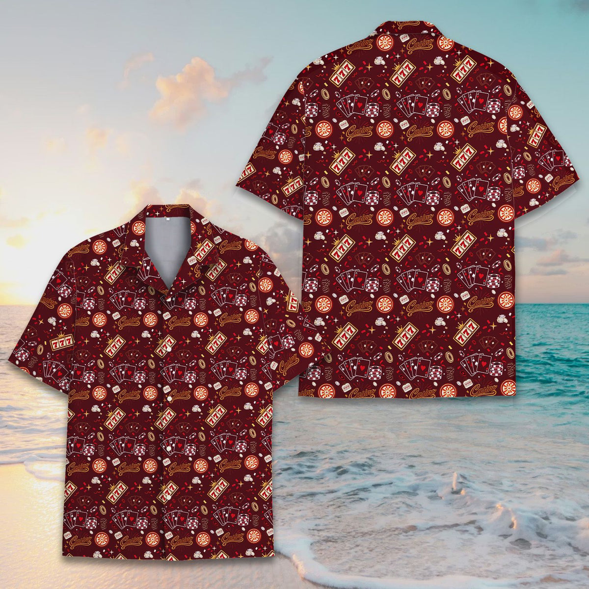 Angled front view of the maroon gambling polo shirt
