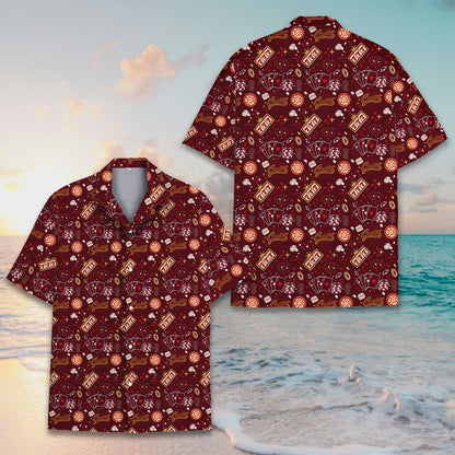 Angled front view of the maroon gambling polo shirt