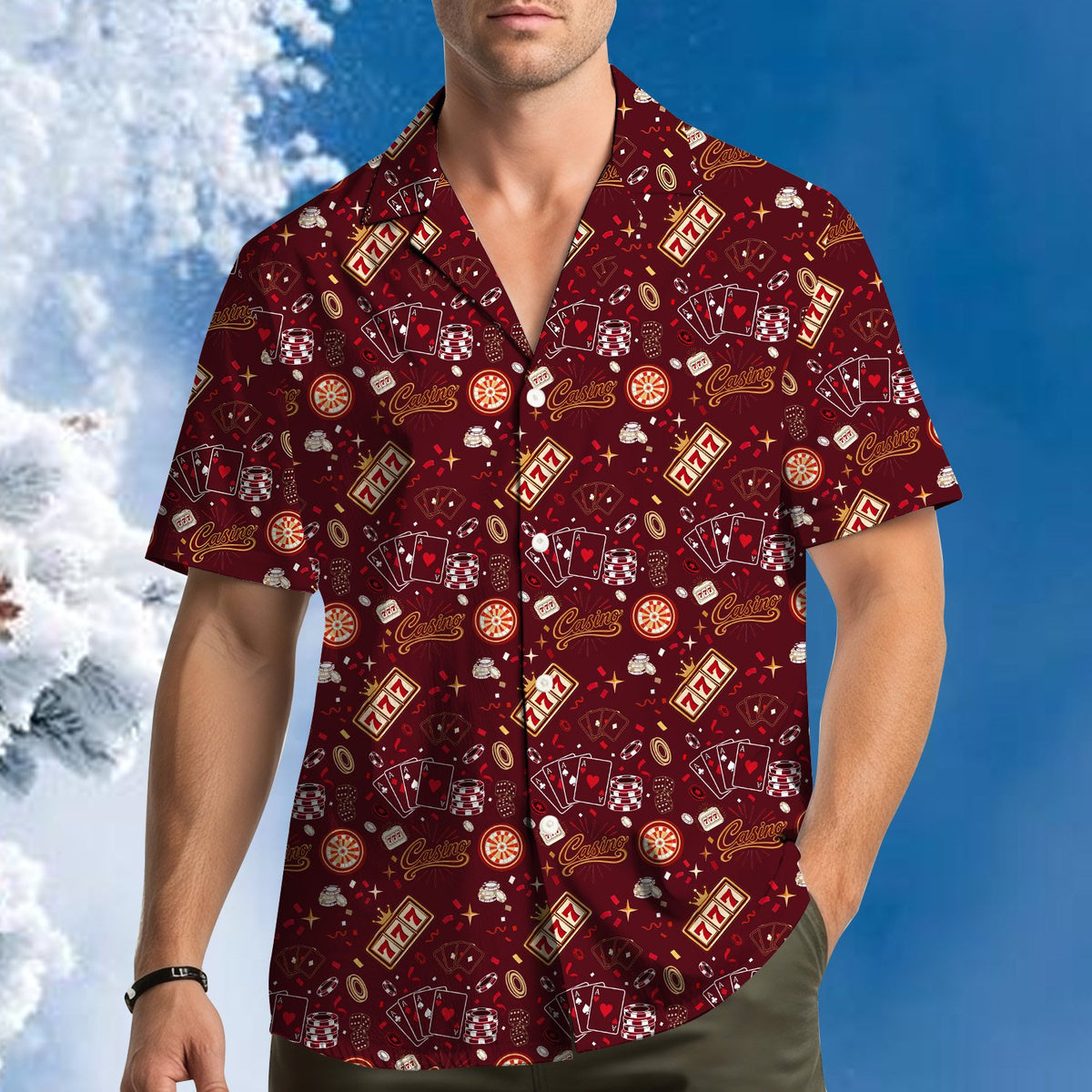 Detailed front view of the casino polo shirt showing slot machine symbols