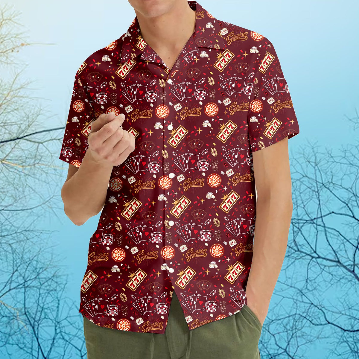 Maroon casino gambling polo shirt front view featuring cards and chips