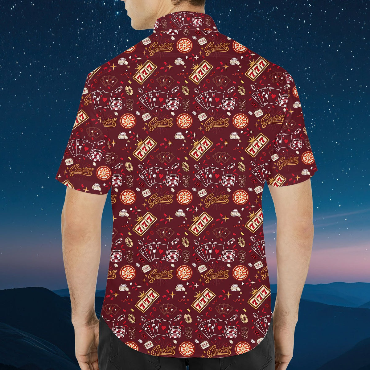 Additional back view of the multicolor gambling polo shirt