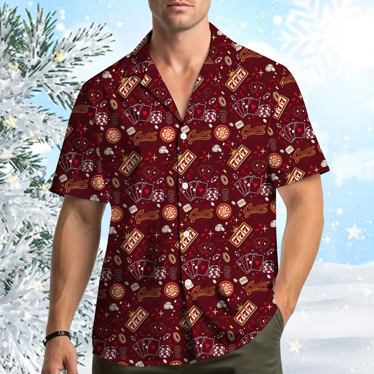 Another front view angle of the multicolor casino polo shirt