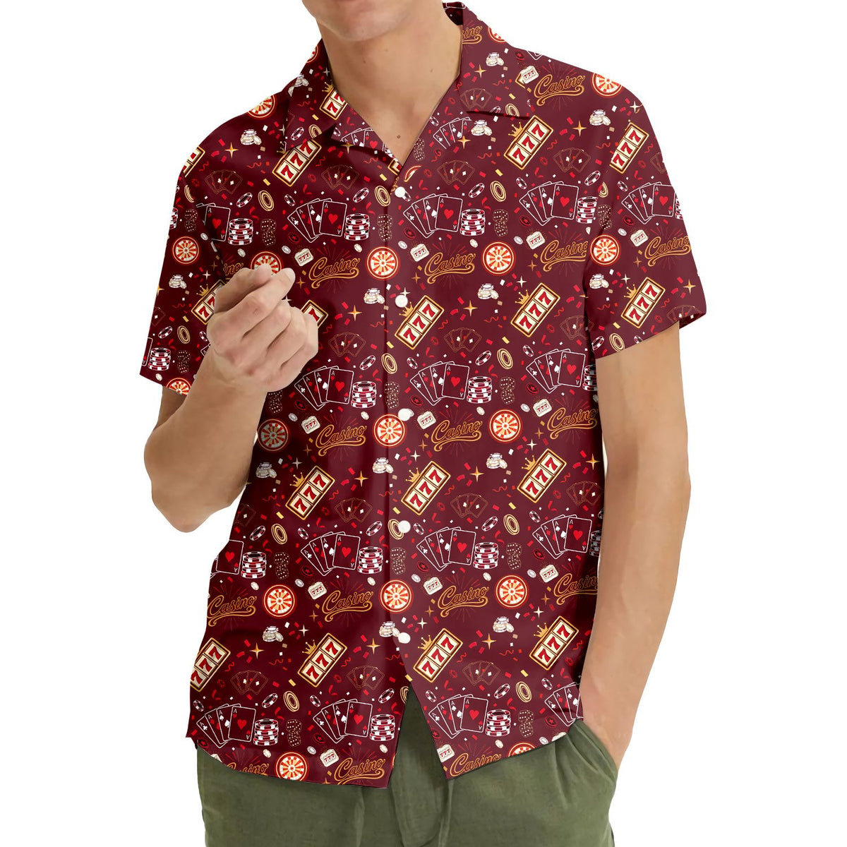 Collar view of the multicolor casino gambling polo shirt