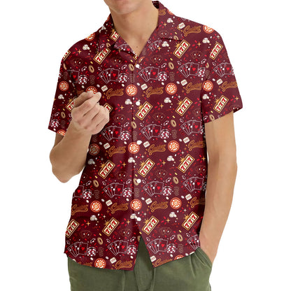 Collar view of the multicolor casino gambling polo shirt