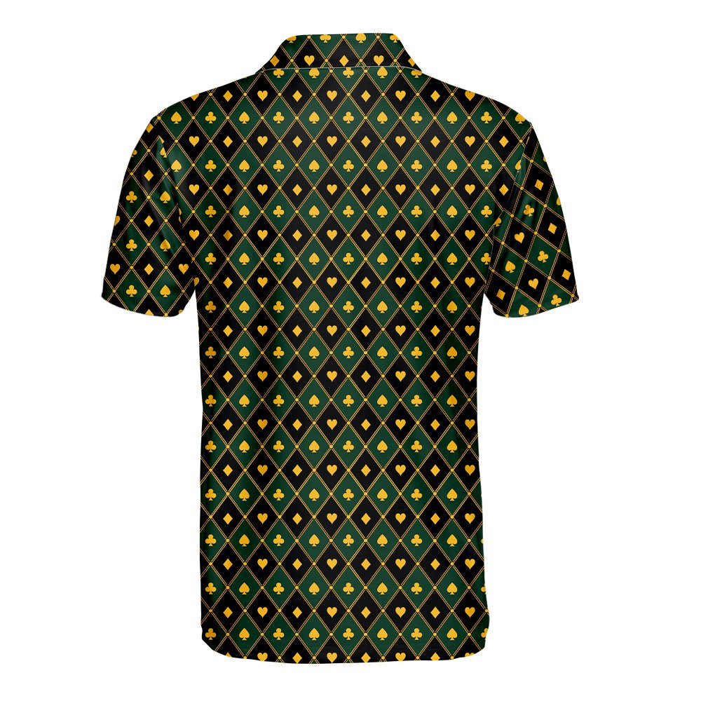 Detailed back view of the black and green argyle polo shirt